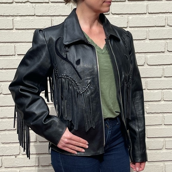 VINTAGE ALCATRAZ BLACK LEATHER FRINGE BRAIDED CONCHO ZIP ROCKSTAR LEATHER JACKET - Picture 3 of 17